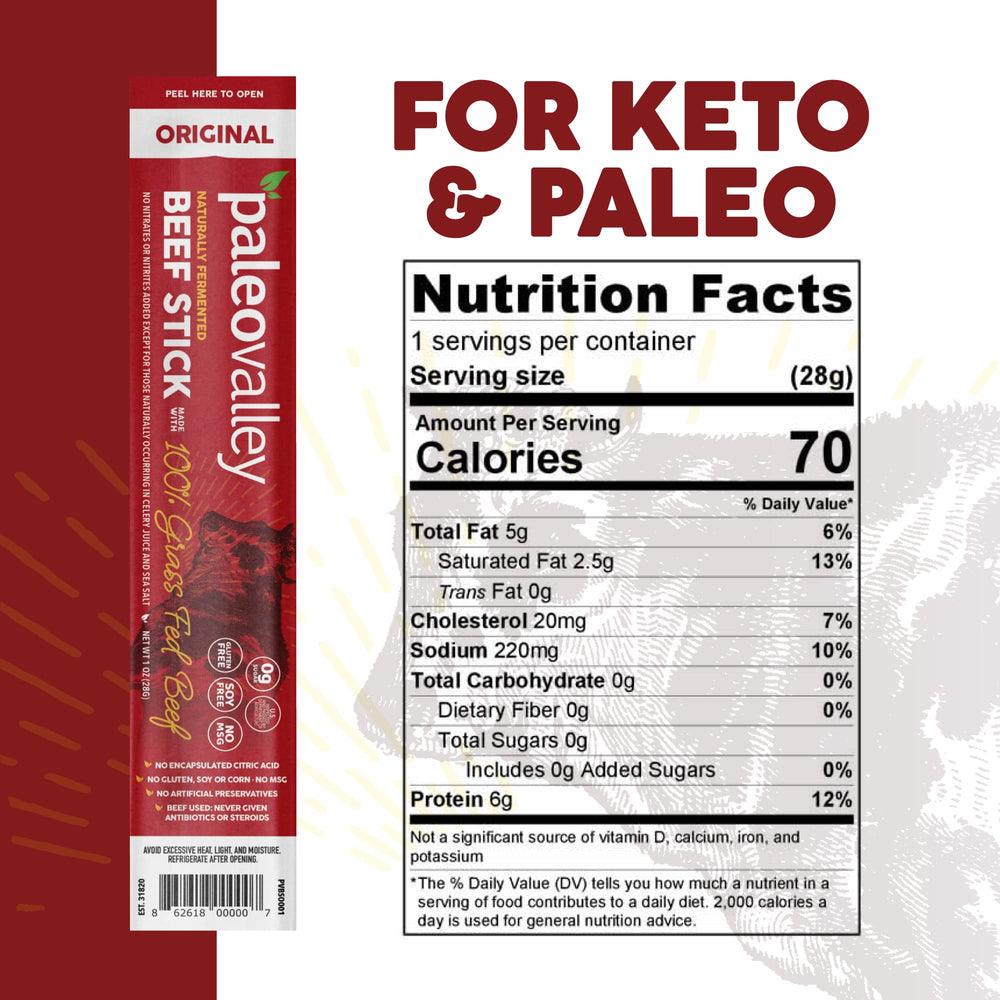 Paleovalley beef sticks close-up texture shows premium quality and protein.