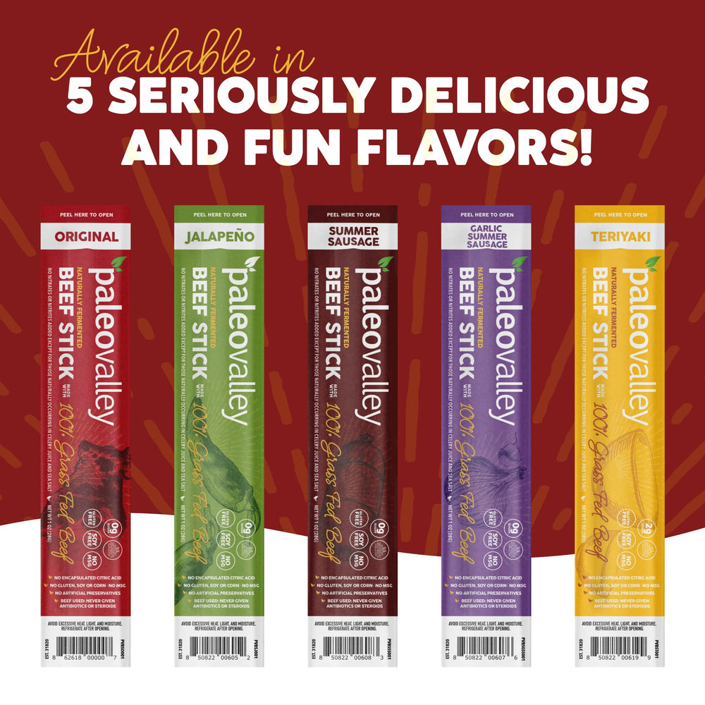 Paleovalley beef sticks nutrition panel shows 6g protein per serving.