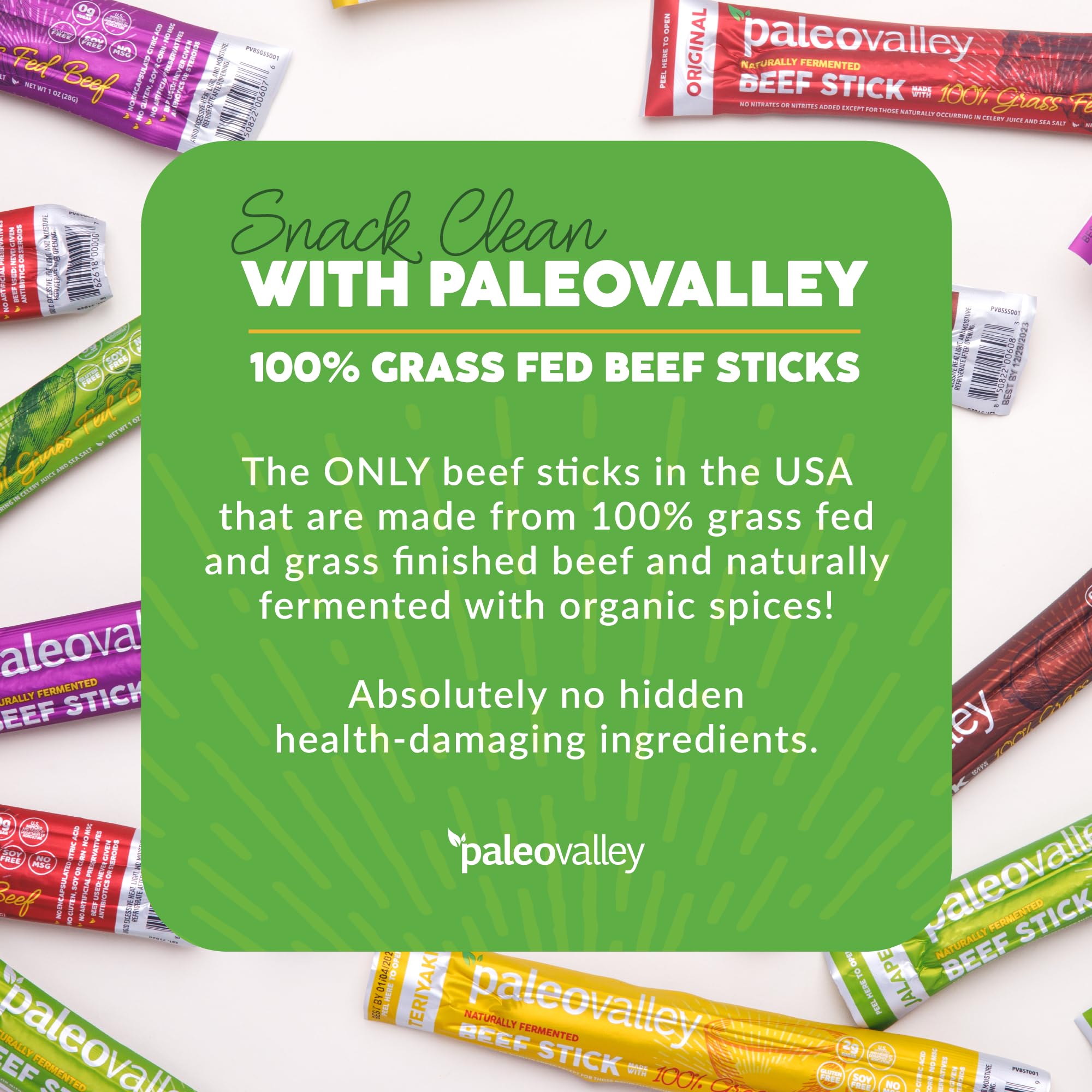 Paleovalley beef sticks nutrition facts, highlighting protein and natural ingredients.