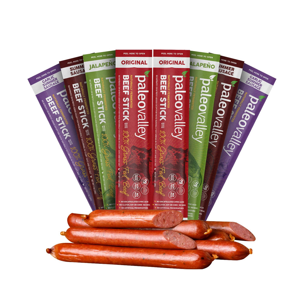 Paleovalley 100% Grass Fed Beef Sticks packaging on-the-go protein snack.
