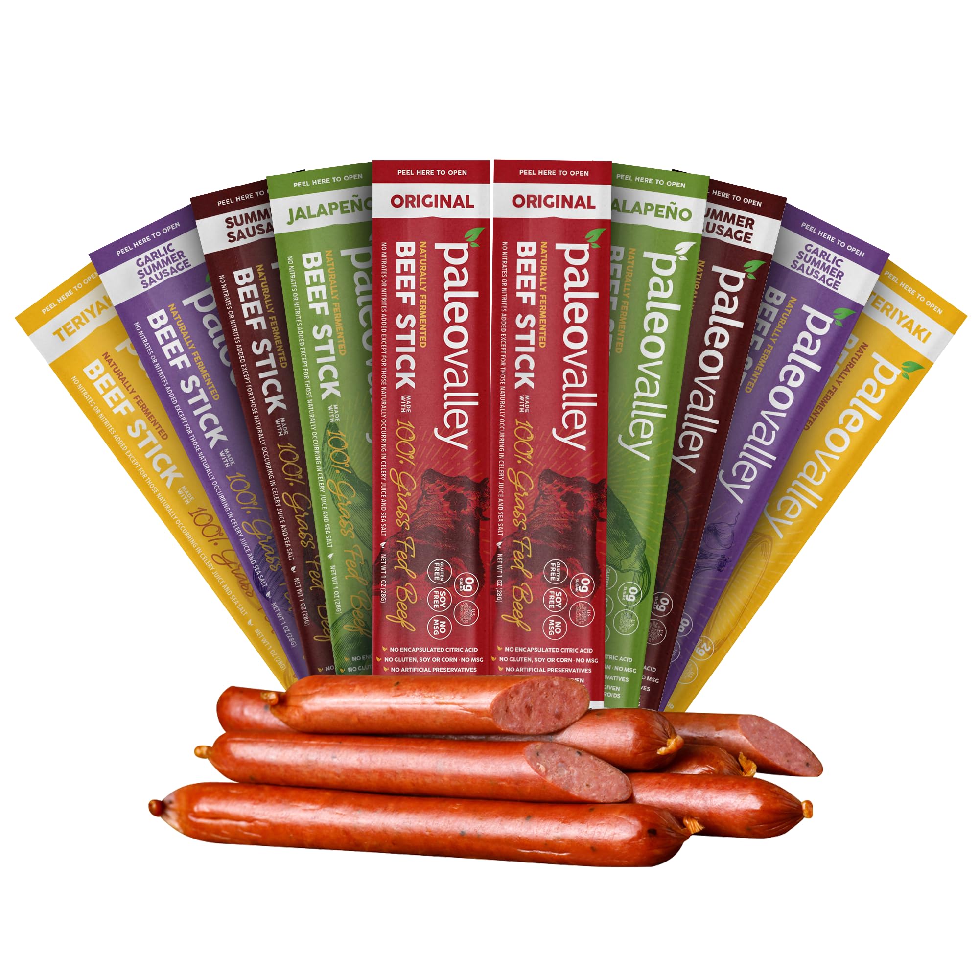 Paleovalley beef sticks pack front, convenient paleo keto snack for busy days.