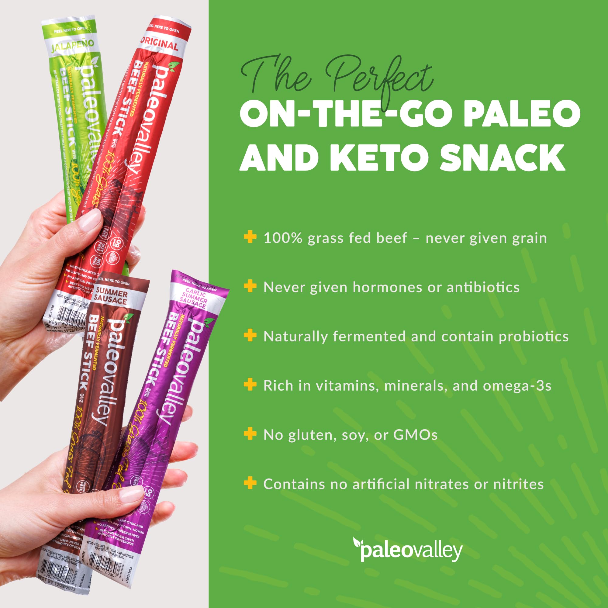 Paleovalley Beef Sticks variety pack display shows flavor options.