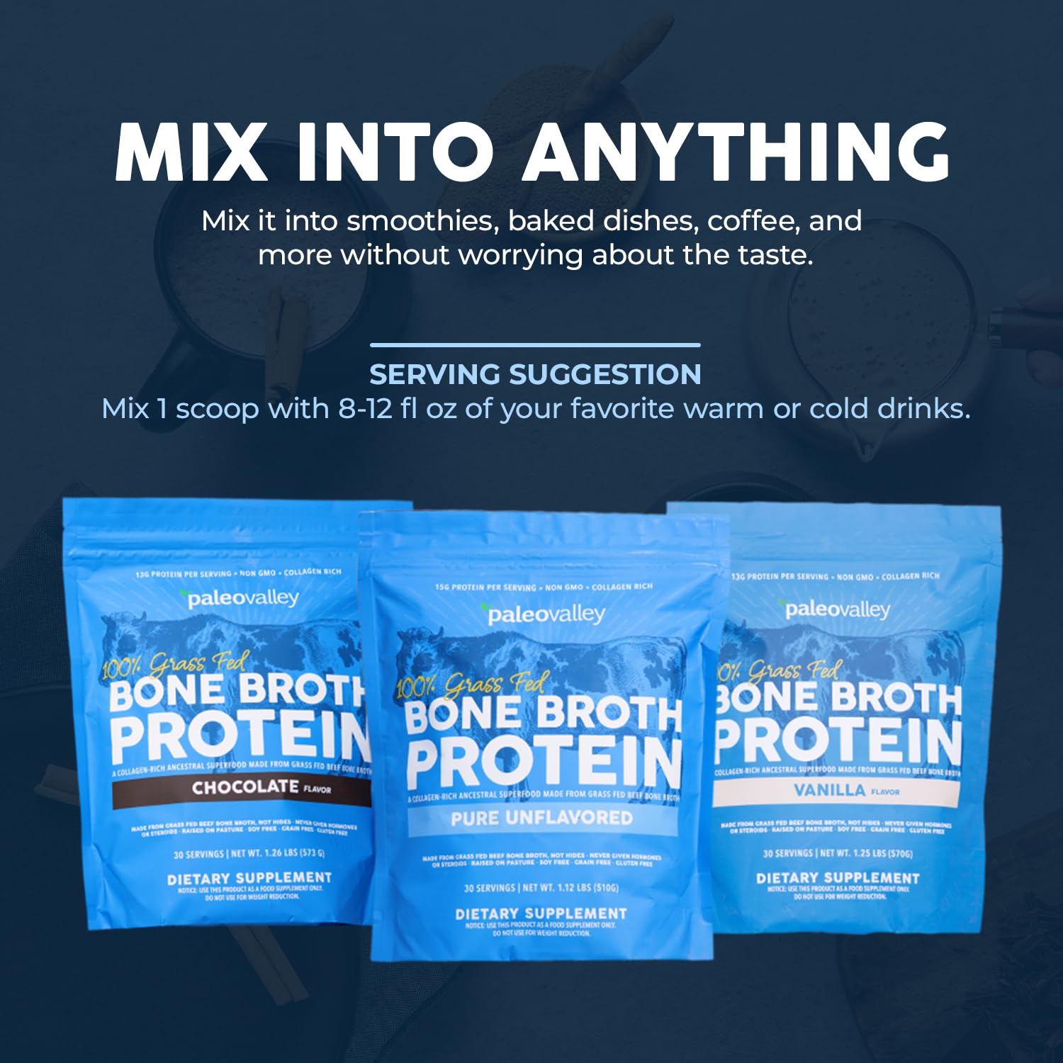 Paleovalley bone broth powder label highlights grass-fed ingredients and clean processing.