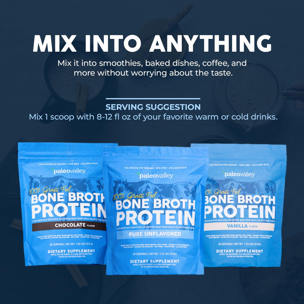 Paleovalley bone broth powder label highlights grass-fed ingredients and clean processing.
