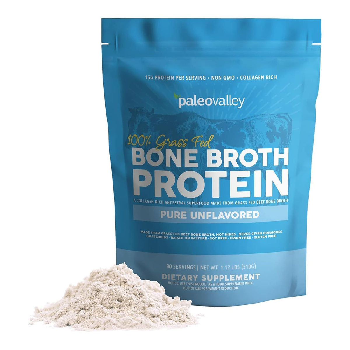 Paleovalley bone broth powder scoop for quick, measured protein and collagen boost.