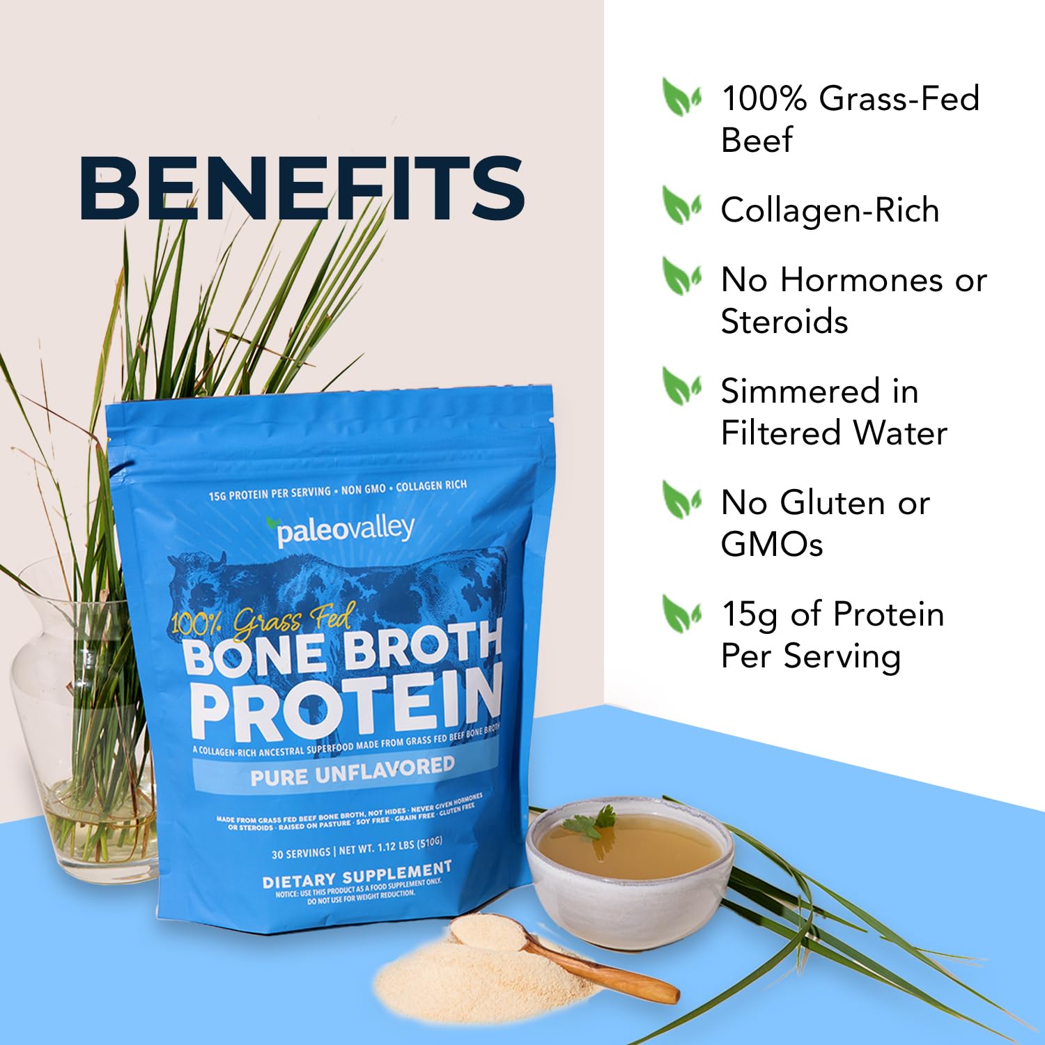 Paleovalley bone broth powder blended in a smoothie for gentle nourishment.