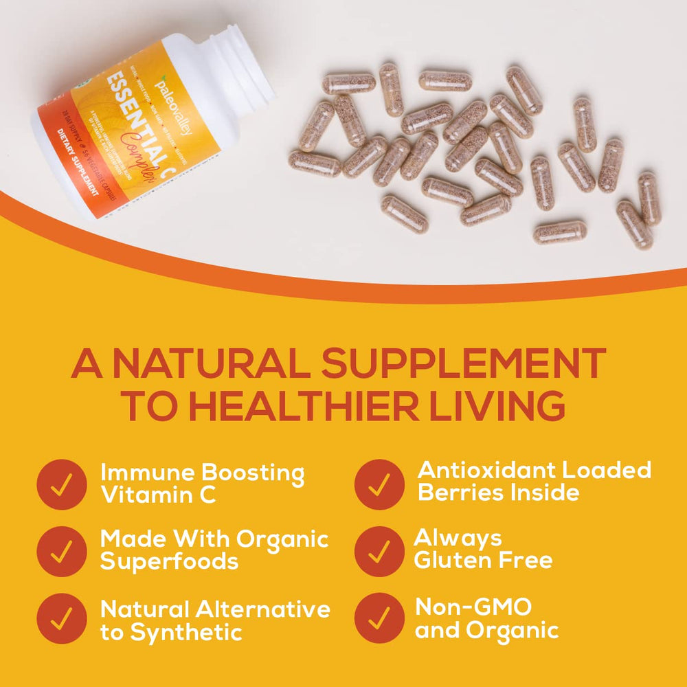 Paleovalley Essential C Complex amla berry visual emphasizes potent plant-based vitamin C.