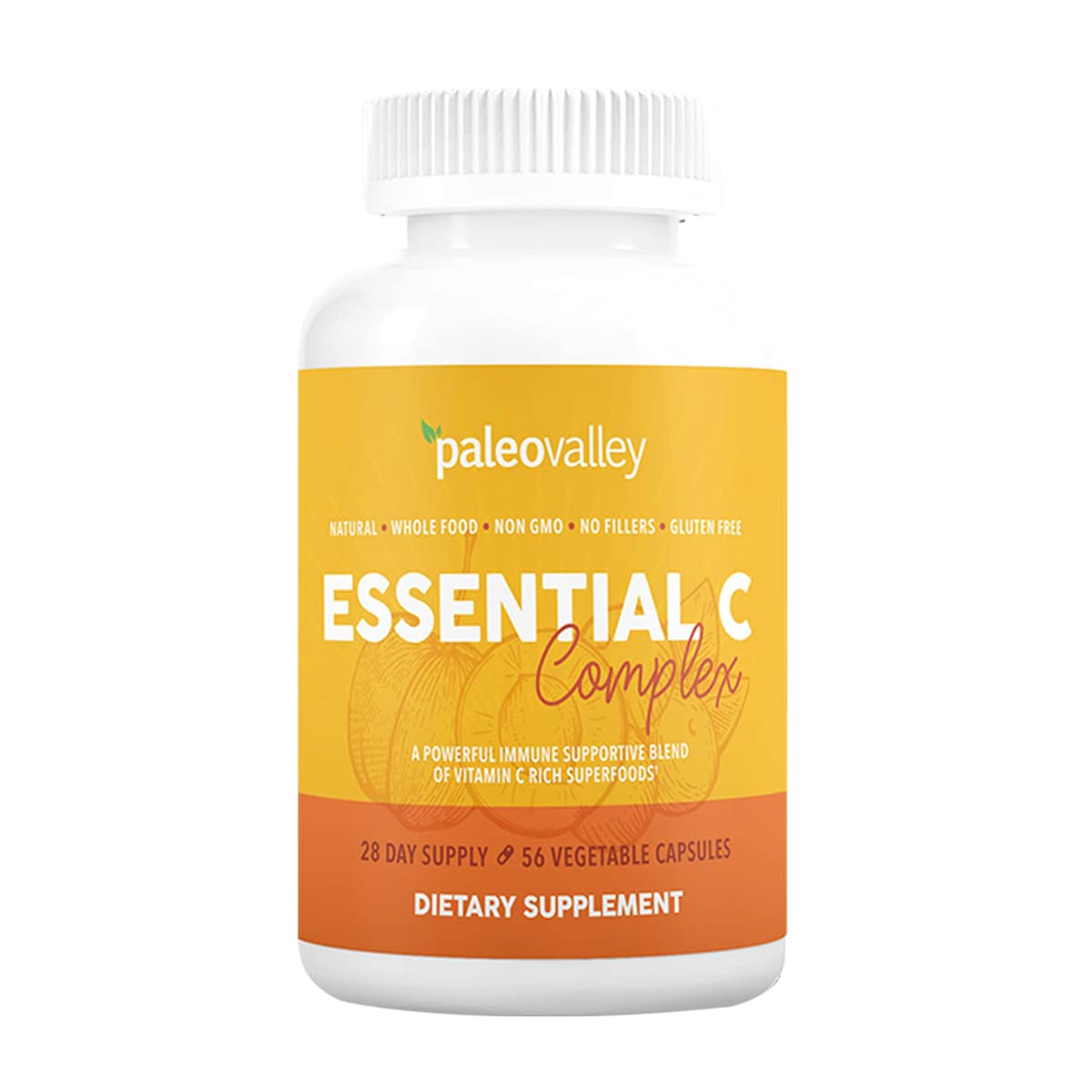 Paleovalley Essential C Complex bottle closeup highlighting natural vitamin C sources for daily immune support.