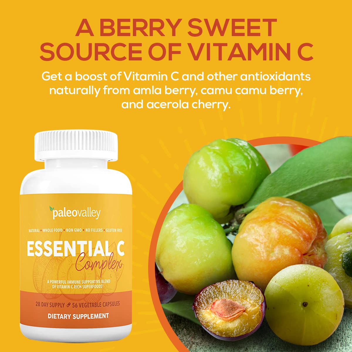 Paleovalley Essential C Complex camu camu berry showcases rich natural vitamin C.