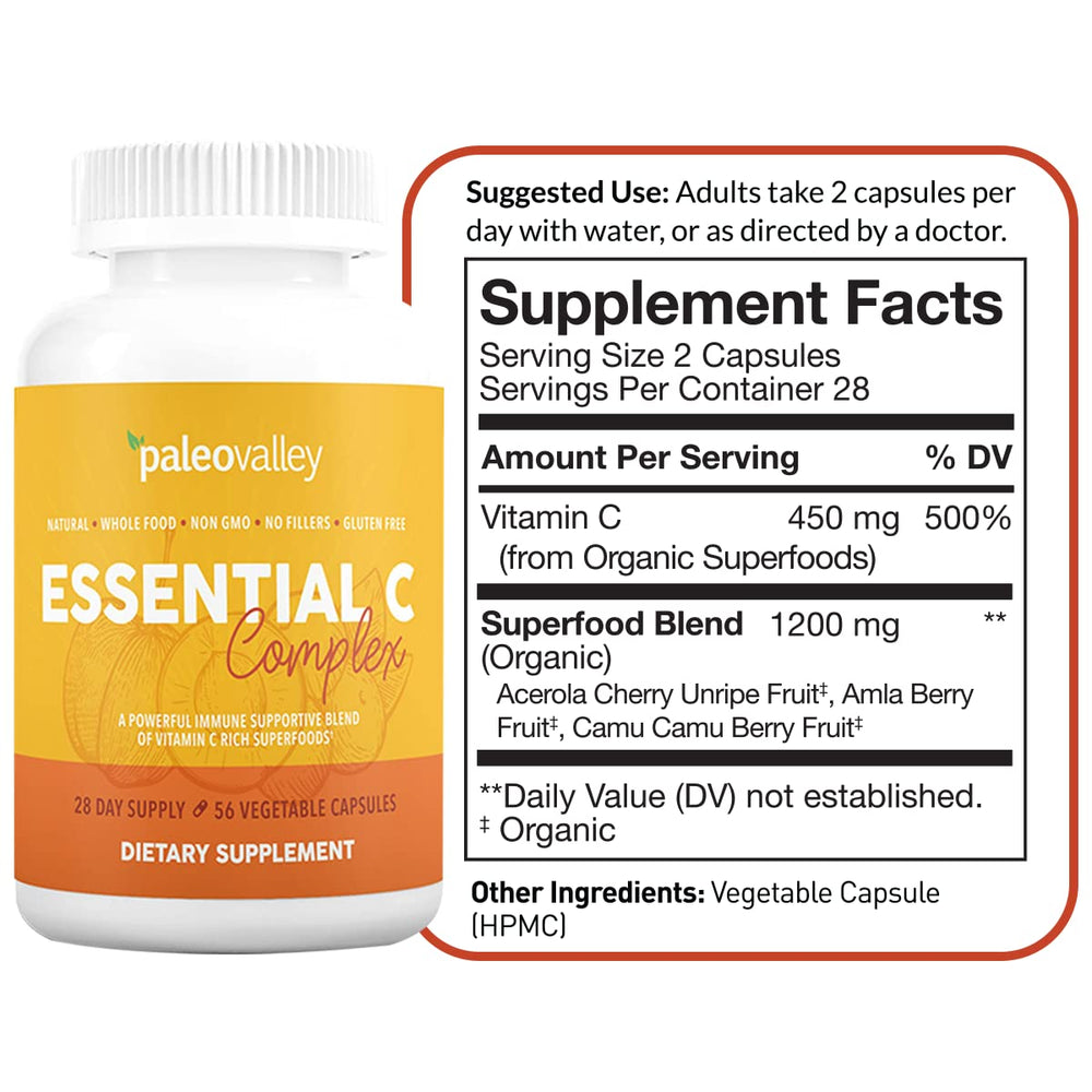 Paleovalley Essential C Complex capsules ready to take for convenient daily vitamin C.