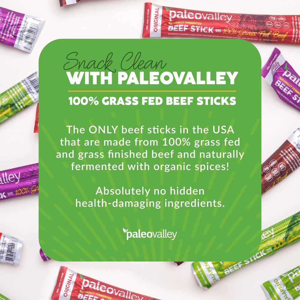 Paleovalley Fermented Beef Sticks close-up emphasizes probiotic-rich texture.