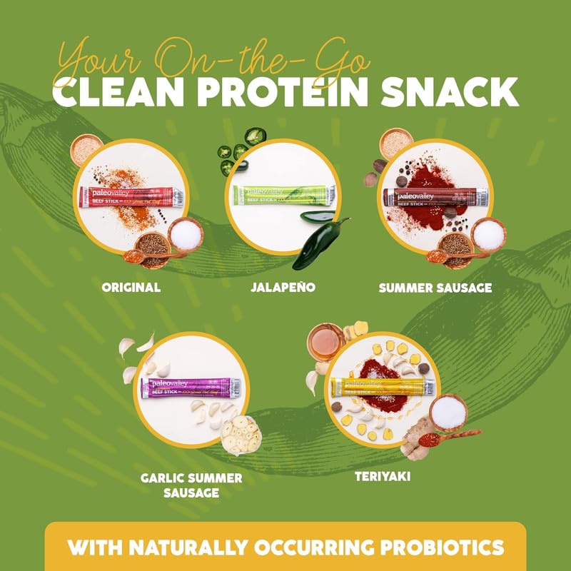 Paleovalley fermented beef sticks showcasing probiotic richness and tangy flavor.
