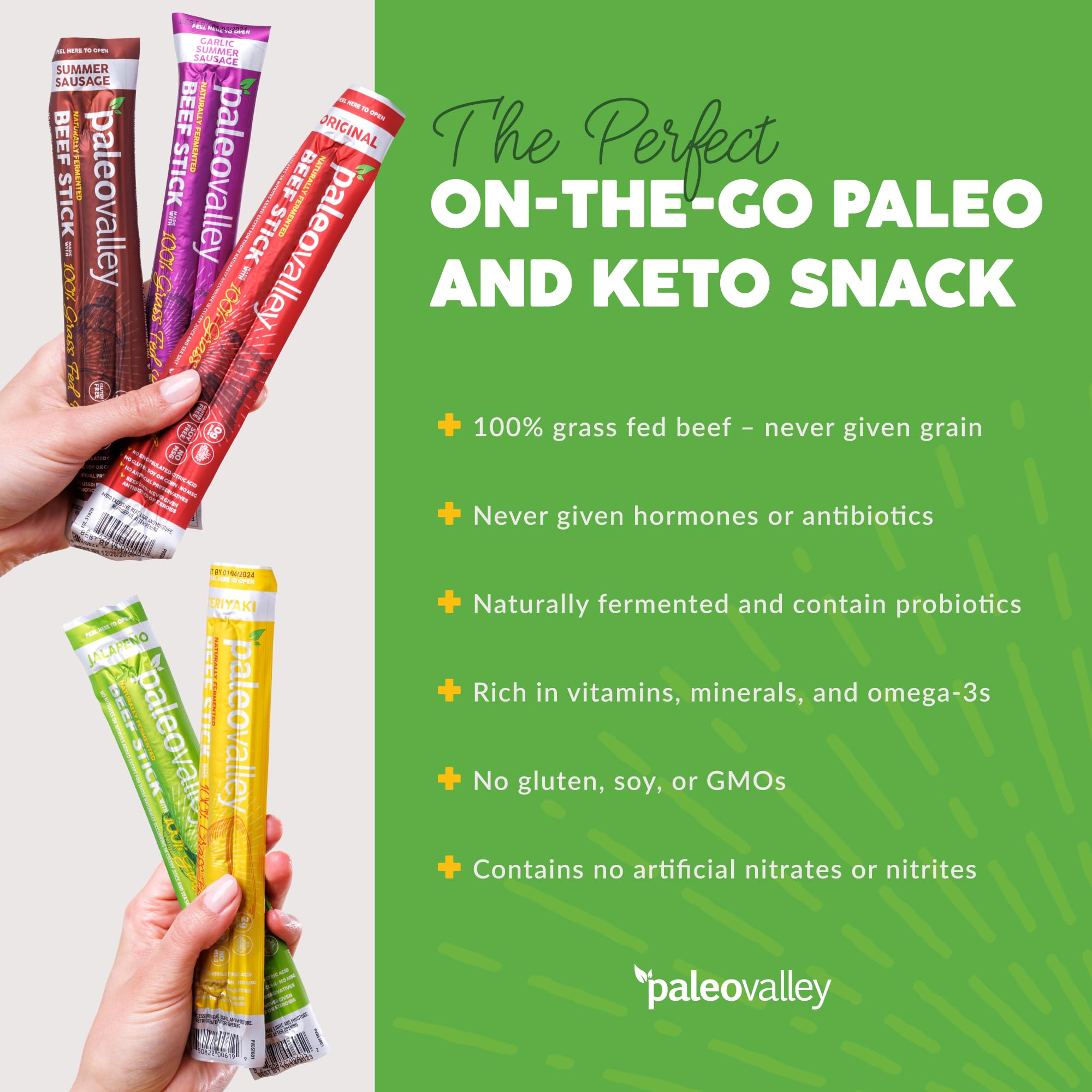 Paleovalley fermented probiotic beef sticks, illustrating shelf-stable option.