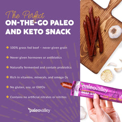 Paleovalley fermented probiotic beef sticks highlight probiotic-rich tang.