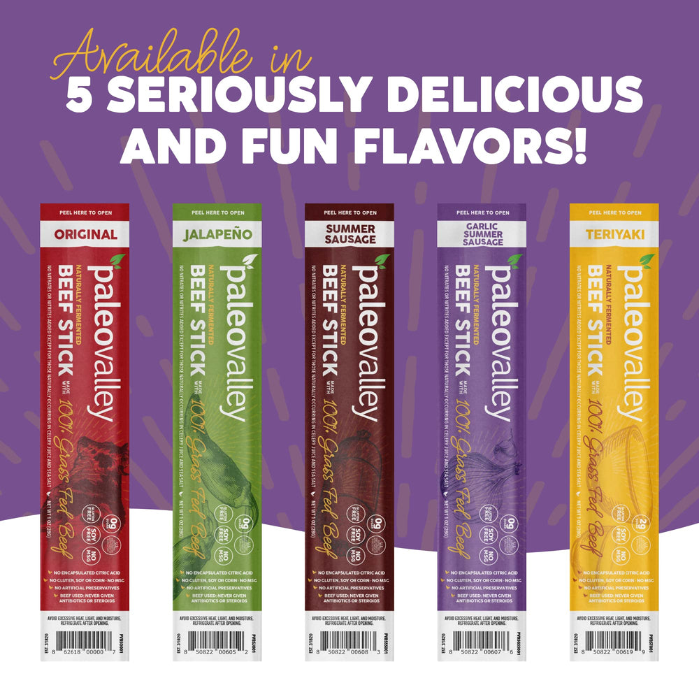 Paleovalley gluten-free beef sticks serve as protein-dense snack.