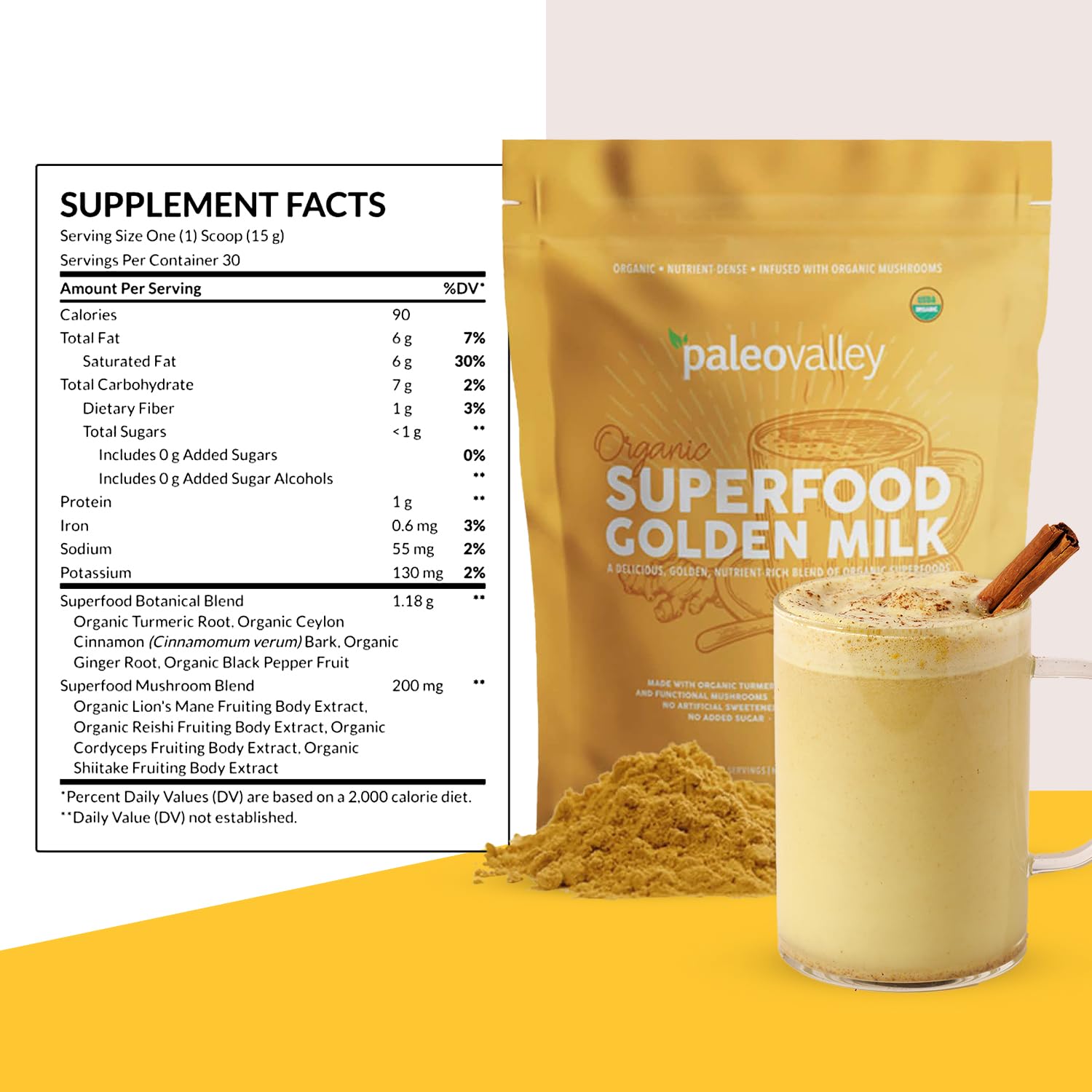 Paleovalley Golden Milk ingredients label shows full-spectrum turmeric and whole mushrooms.