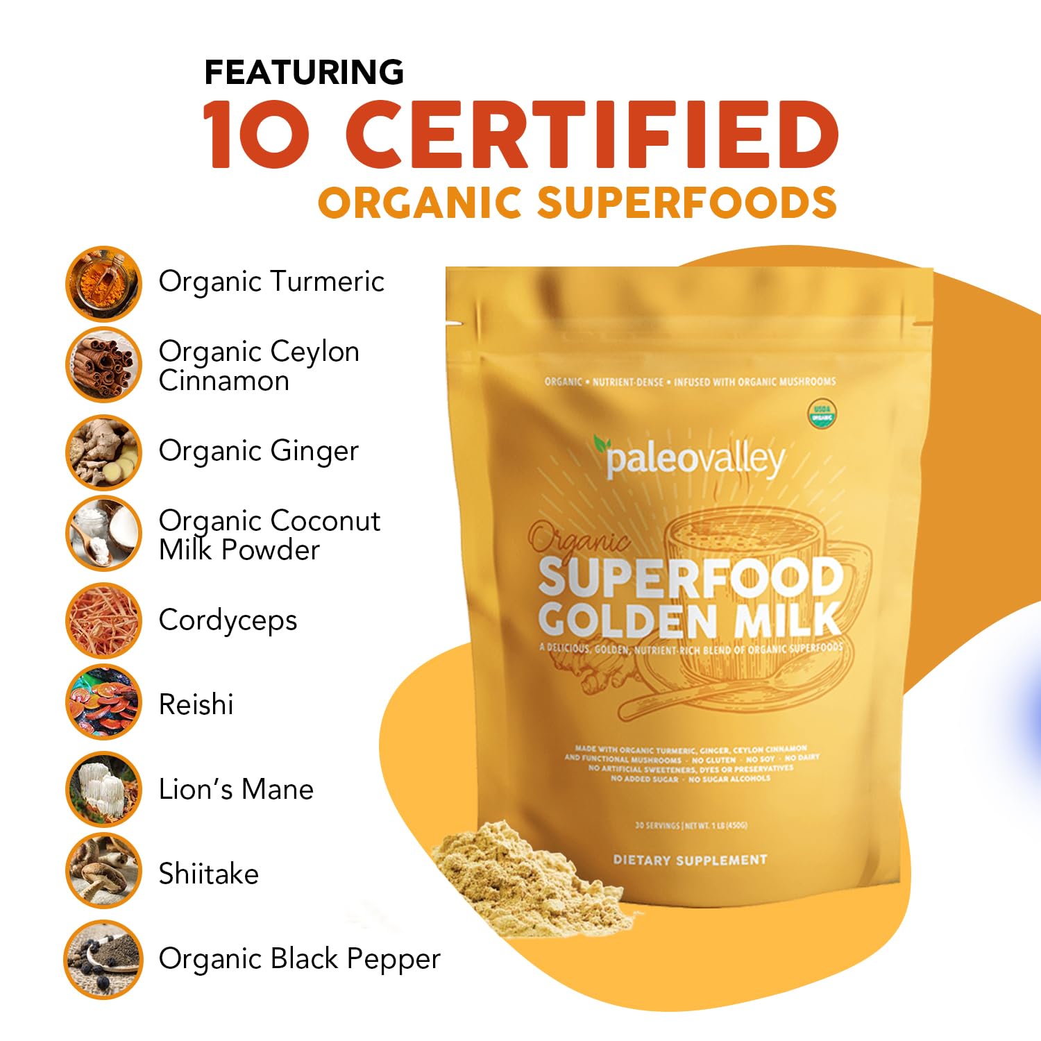 Close-up of Paleovalley Golden Milk mushrooms, including lion’s mane and reishi for cognitive support.