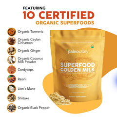 Close-up of Paleovalley Golden Milk mushrooms, including lion’s mane and reishi for cognitive support.