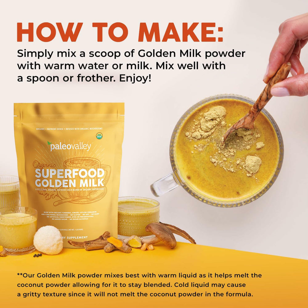 Scoop of Paleovalley Golden Milk powder beside a glass, illustrating easy daily use.