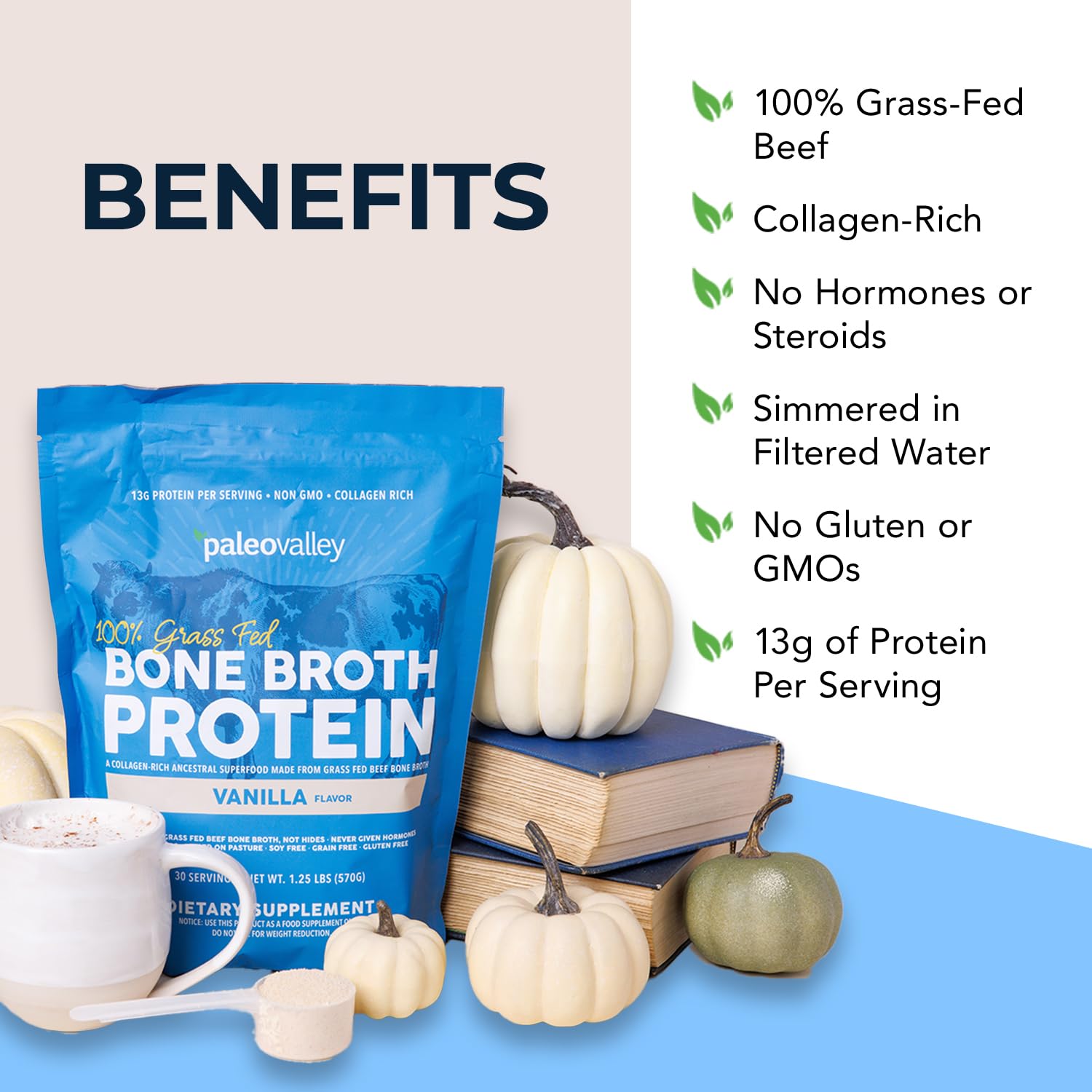 Paleovalley grass-fed beef bone broth powder scoop resting on cup for easy daily protein