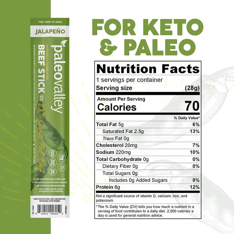 Paleovalley grass-fed beef sticks ingredients view highlighting clean ingredients and no antibiotics.
