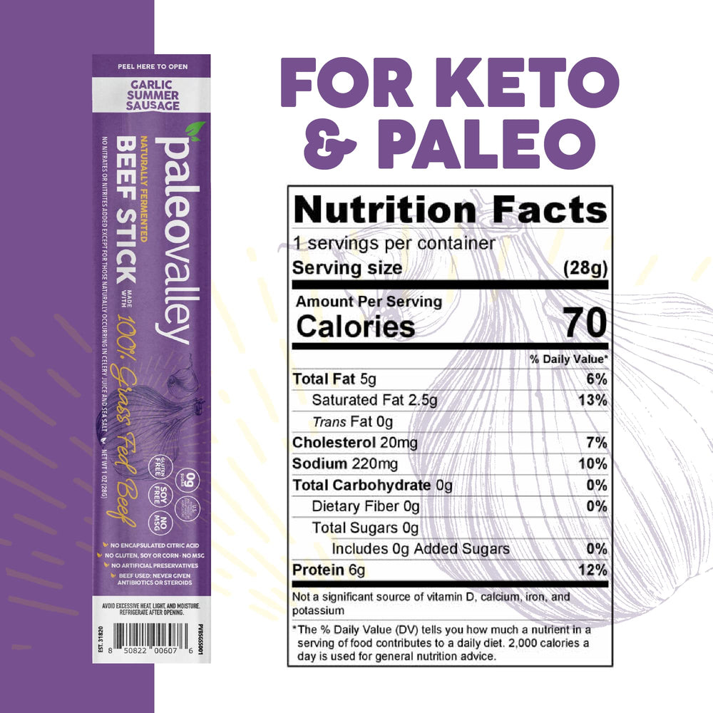 Paleovalley grass-fed beef sticks package open, showing clean ingredients and protein-packed snack.
