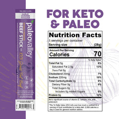 Paleovalley grass-fed beef sticks package open, showing clean ingredients and protein-packed snack.