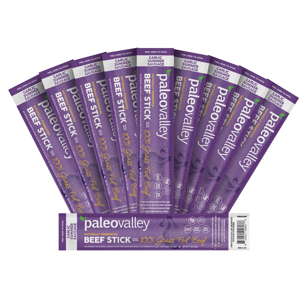 Paleovalley garlic summer sausage beef sticks pack ready to grab for keto snacking.