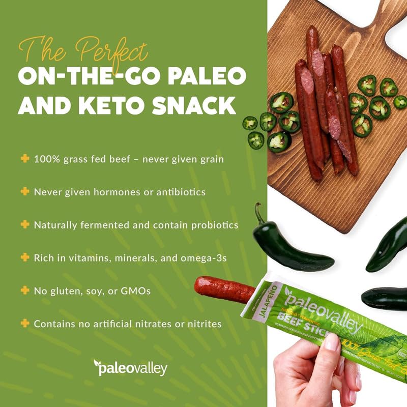 Paleovalley jalapeño beef sticks nutrition label highlighting vitamins and omega-3 content.