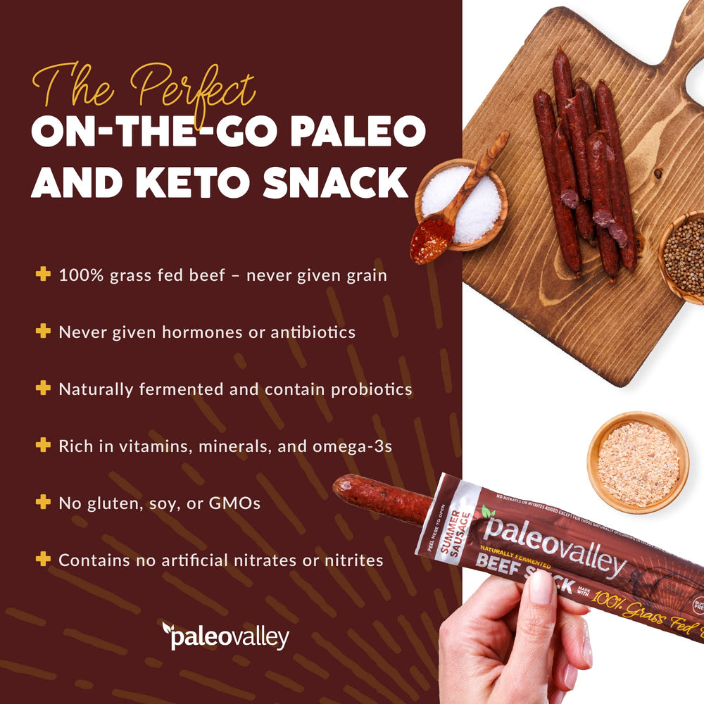 Paleovalley nutrition-rich beef sticks with vitamins and omega-3s.