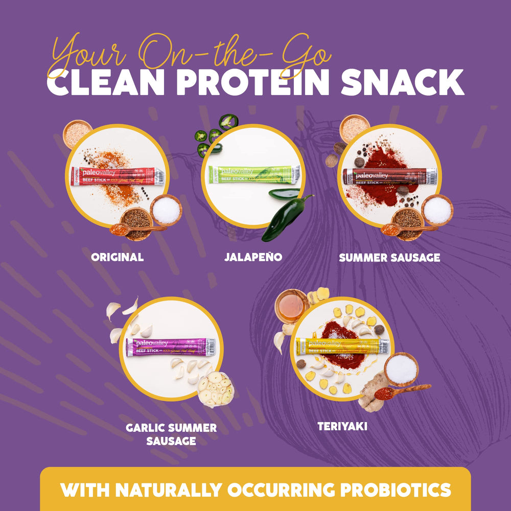 Paleovalley omega-3 rich beef sticks showcased as heart-healthy fuel.