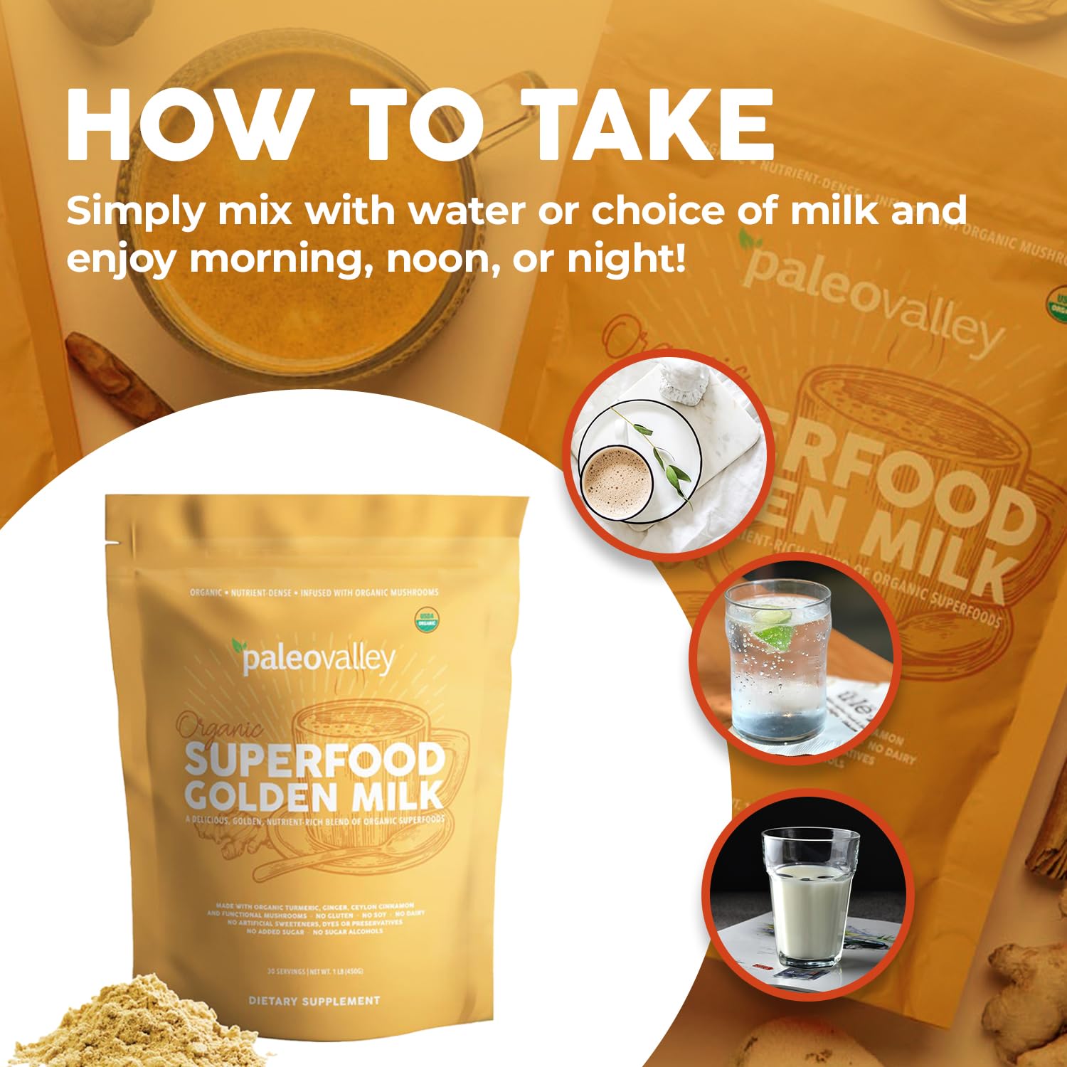 Paleovalley Organic Coconut Milk Powder bag emphasizes plant-based, bioavailable turmeric blend.