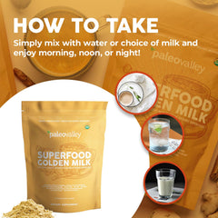Paleovalley Organic Coconut Milk Powder bag emphasizes plant-based, bioavailable turmeric blend.