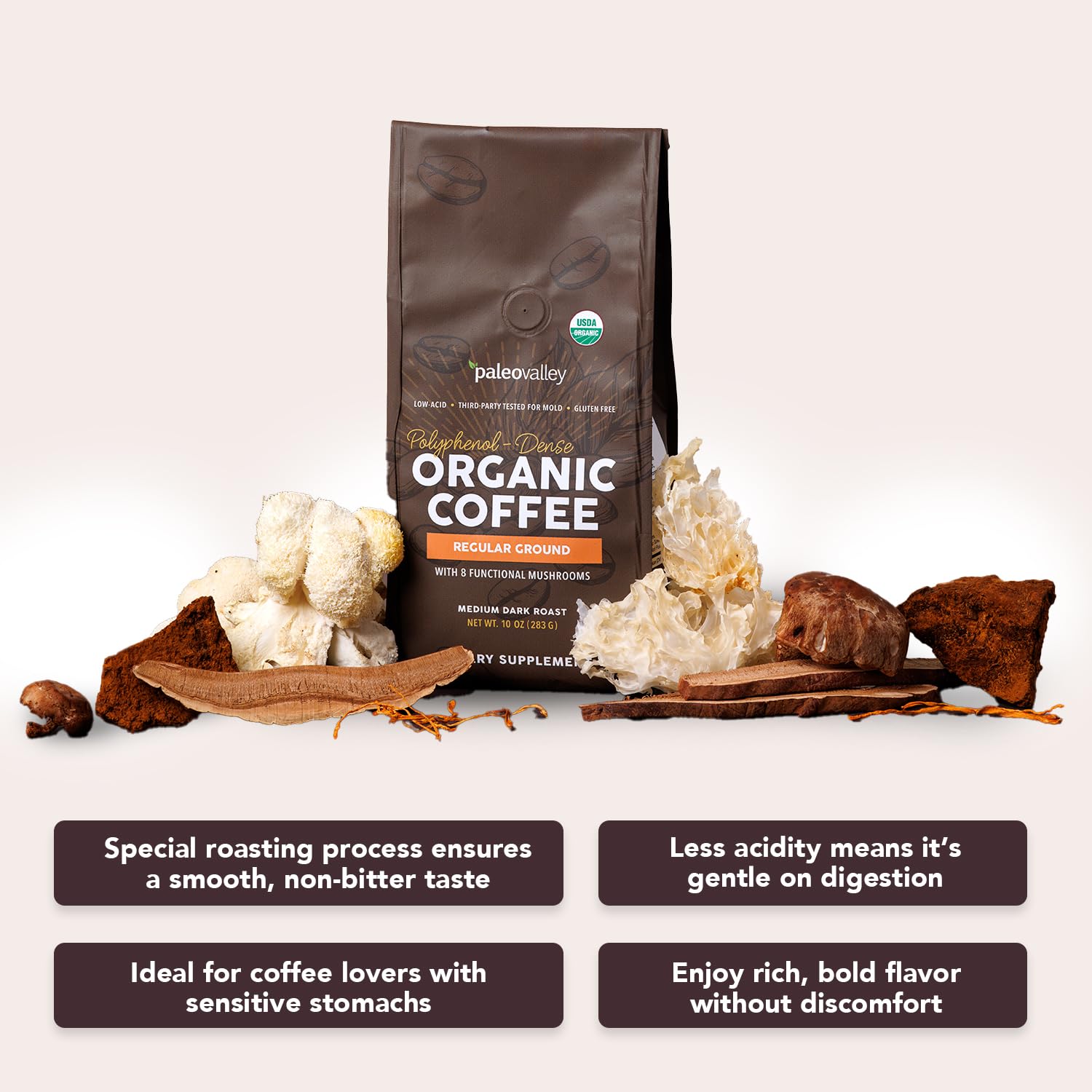Paleovalley Organic Ground Coffee polyphenol-dense profile for antioxidant-rich start.