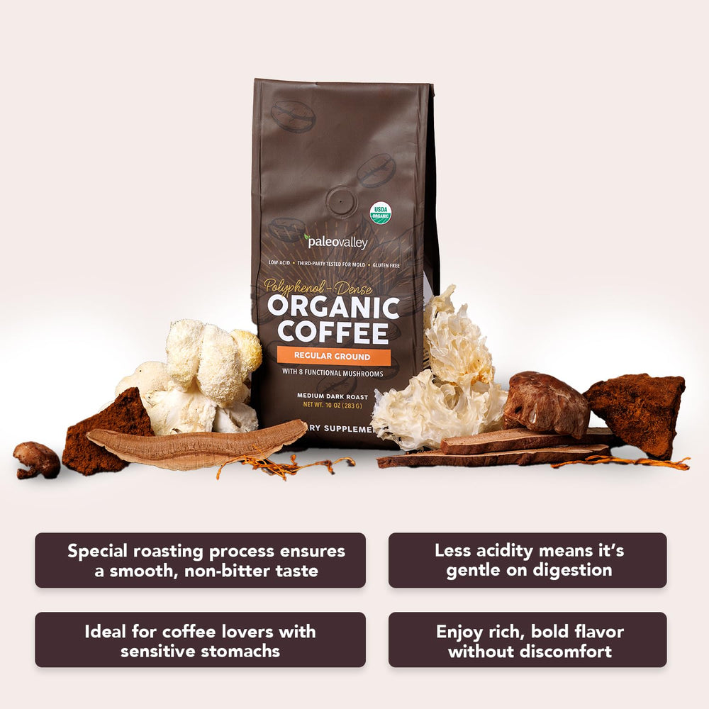 Paleovalley Organic Ground Coffee polyphenol-dense profile for antioxidant-rich start.