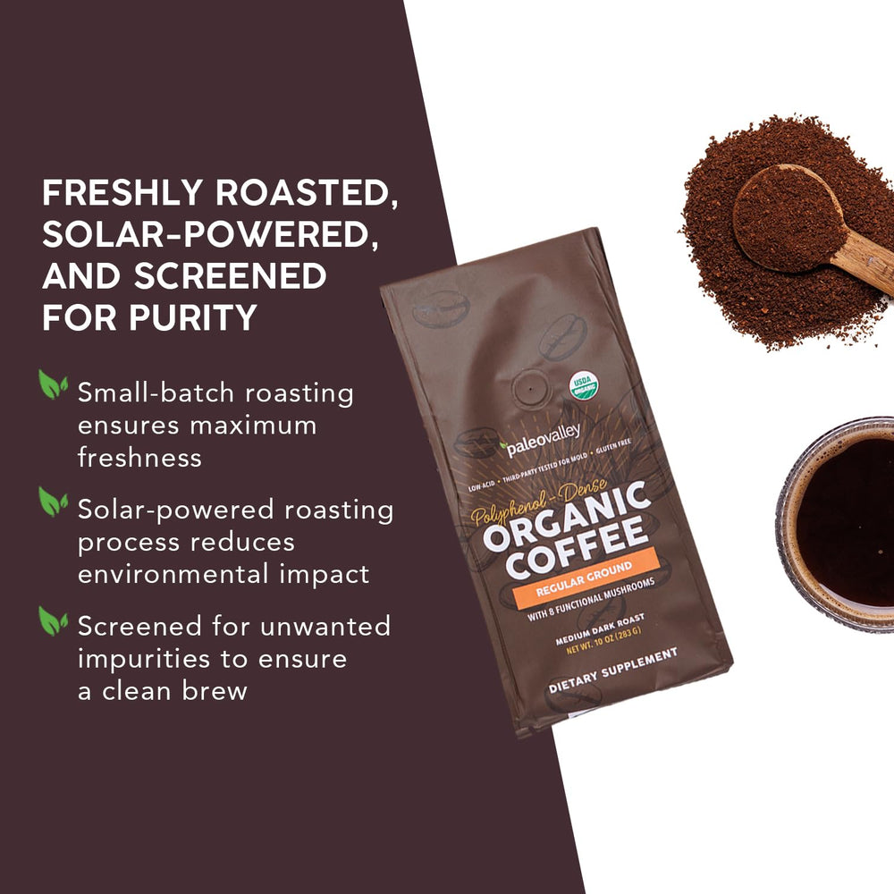 Paleovalley Organic Ground Coffee solar-roasted in USA for fresh taste.