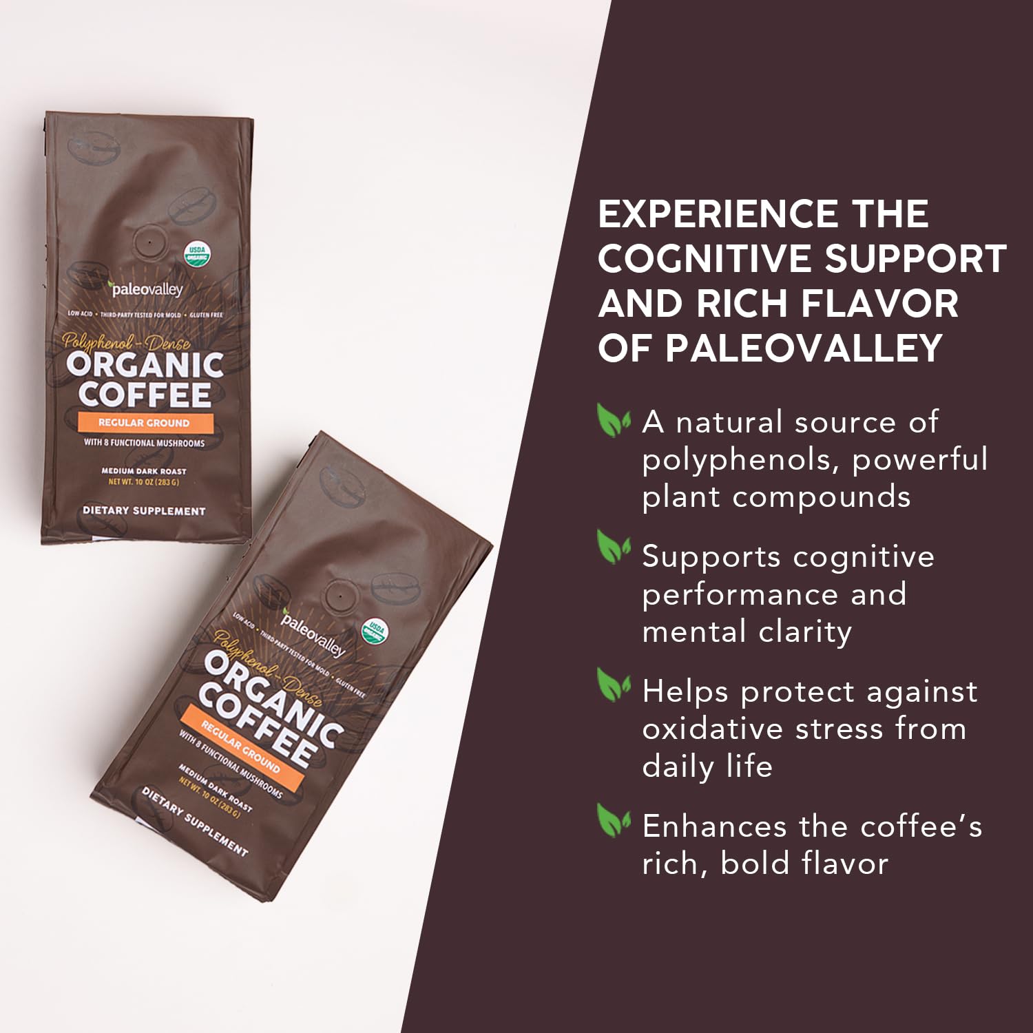 Paleovalley Organic Ground Coffee steaming mug ready to sip.