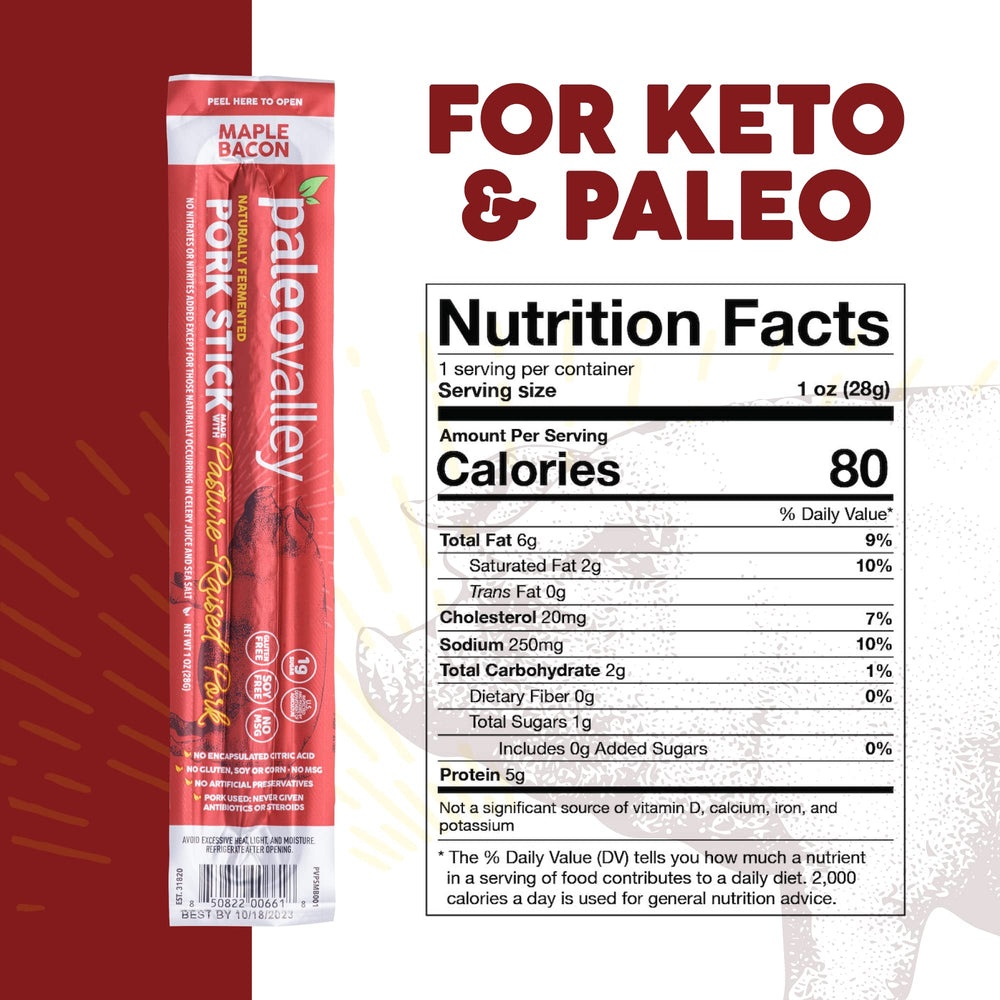 Paleovalley pork sticks close-up highlighting maple bacon flavor.