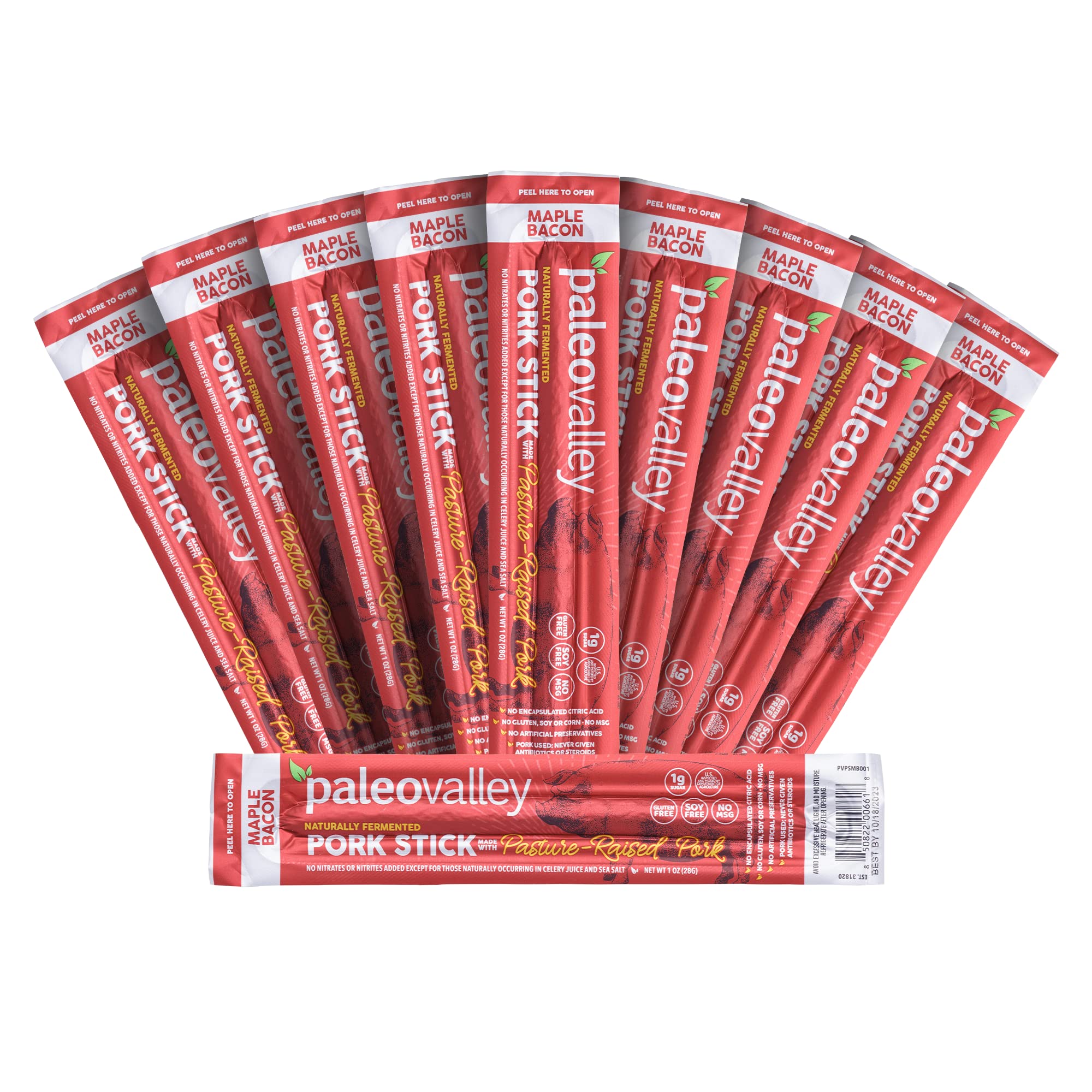 Paleovalley maple bacon pork sticks pack for on-the-go protein.
