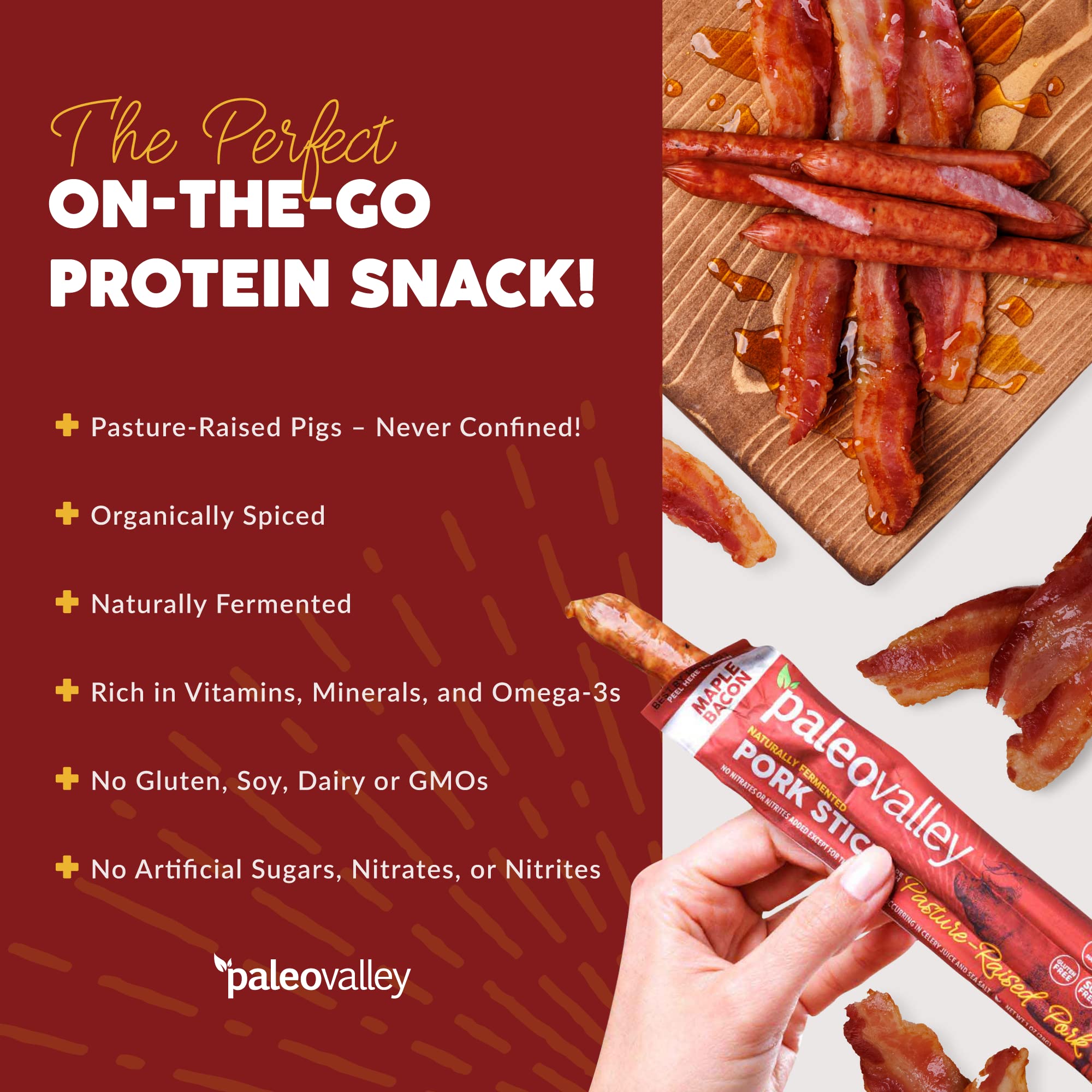 Paleovalley organic spices label shows gluten-free, preservative-free snack.