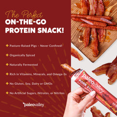 Paleovalley organic spices label shows gluten-free, preservative-free snack.