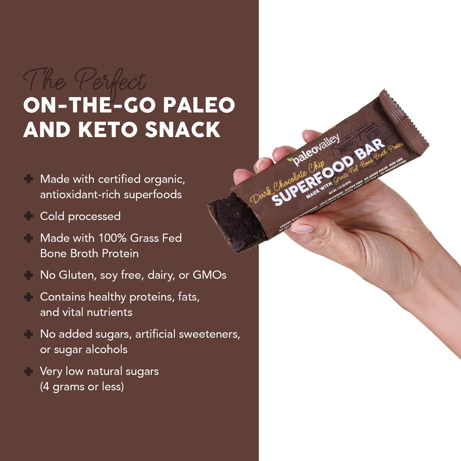 Paleovalley Superfood Bars bar texture closeup showing smooth protein blend.