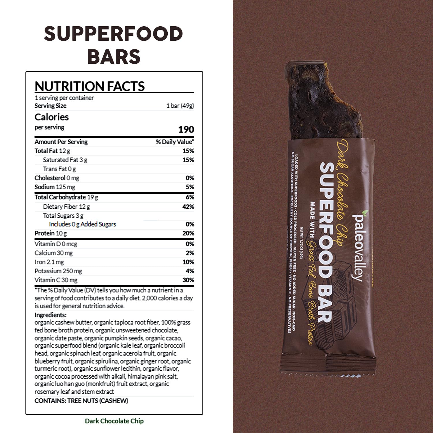 Paleovalley Superfood Bars ingredients closeup showcasing greens and superfoods.