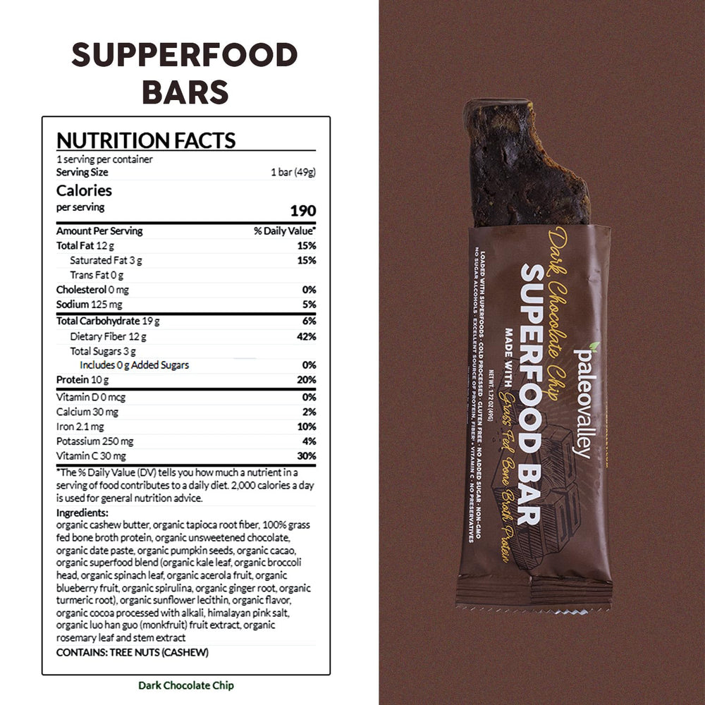 Paleovalley Superfood Bars ingredients closeup showcasing greens and superfoods.