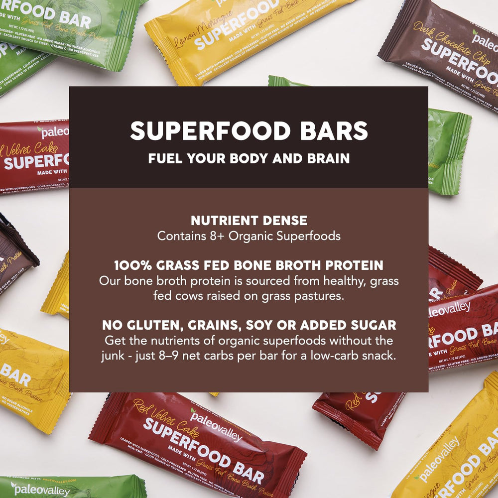 Paleovalley Superfood Bars nutrition panel highlighting protein and allergen-free attributes.