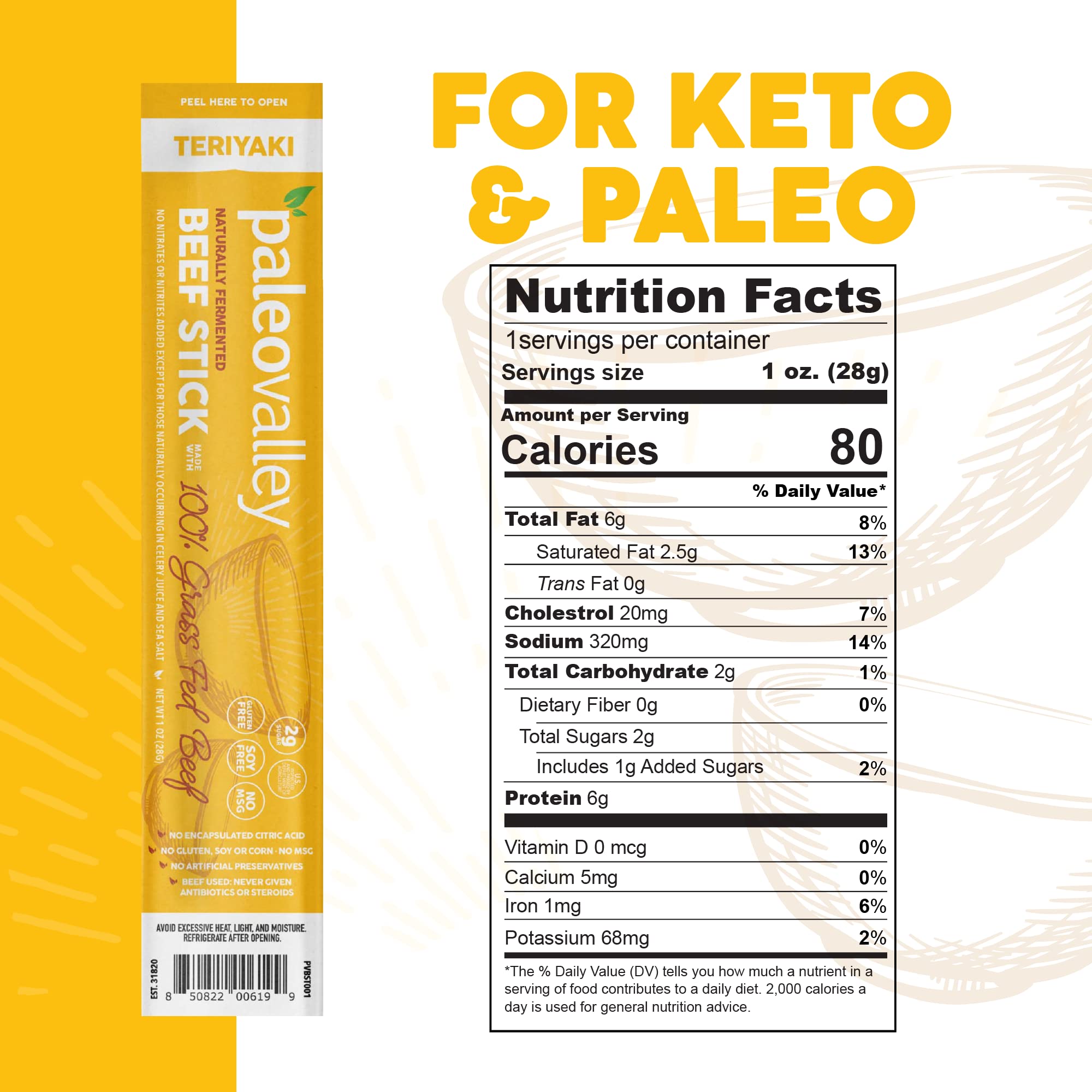 Paleovalley Teriyaki Beef Sticks close-up ingredients highlight texture and quality.