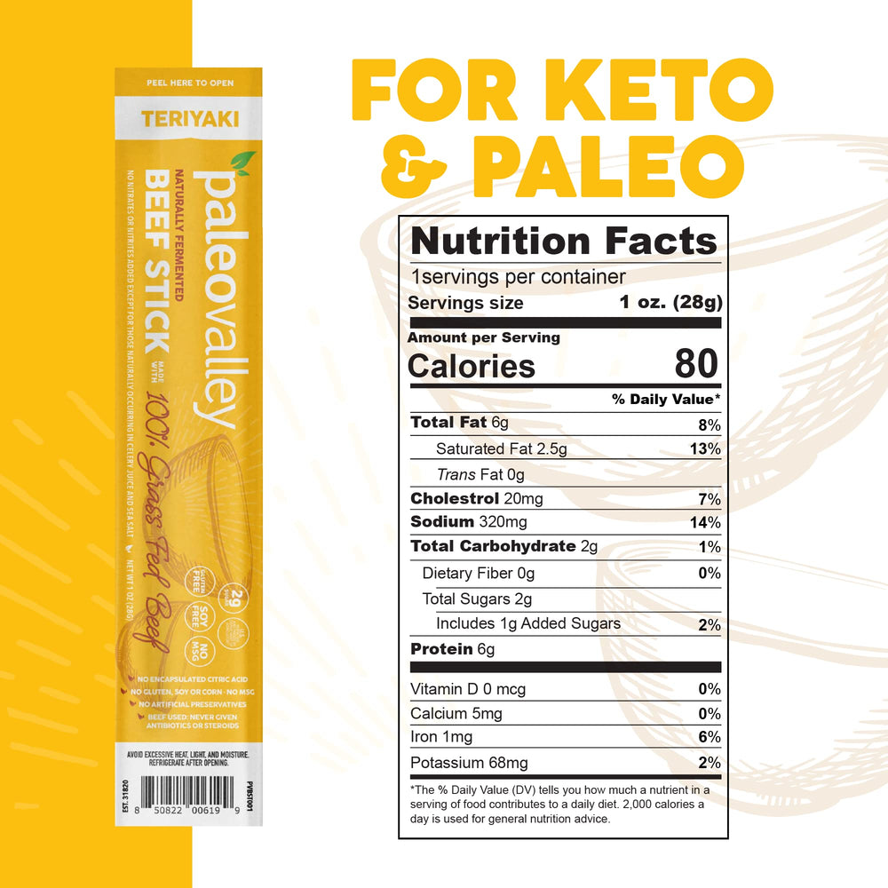 Paleovalley Teriyaki Beef Sticks close-up ingredients highlight texture and quality.