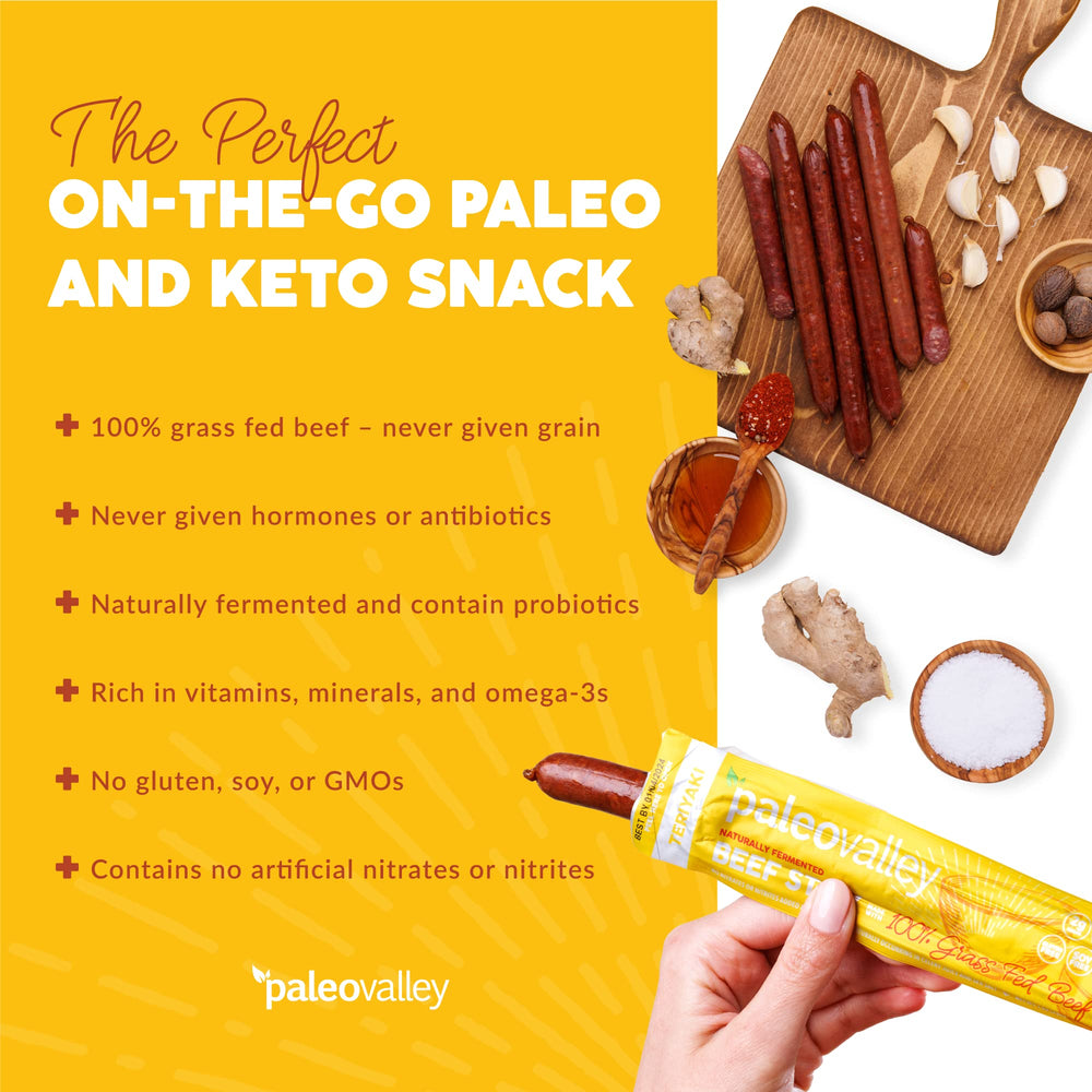 Paleovalley Teriyaki Beef Sticks gluten-free label signaling purity and choice.