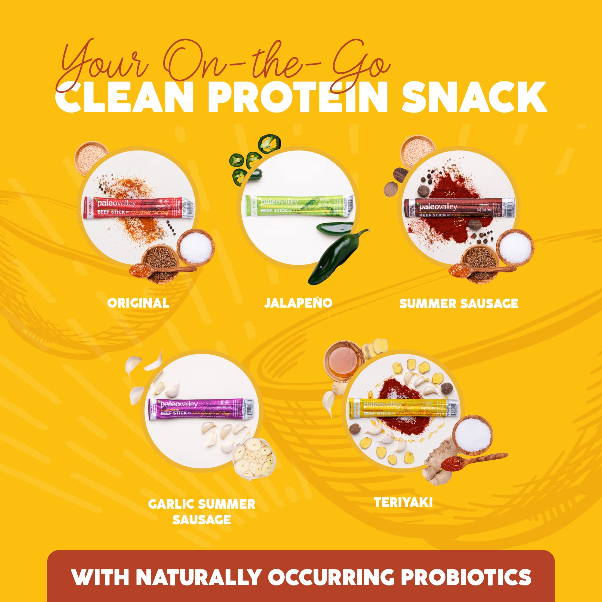 Paleovalley Teriyaki Beef Sticks nutrition panel emphasizes protein and nutrients.