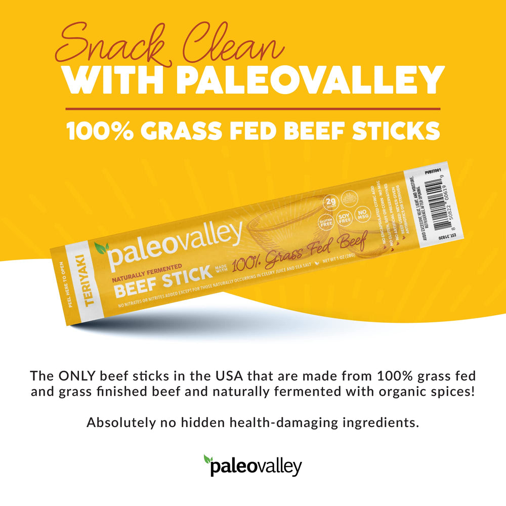 Paleovalley Teriyaki Beef Sticks on-the-go snack in a portable pouch.